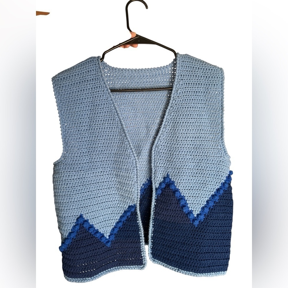 Hand knit blue cardigan sweater vest two toned